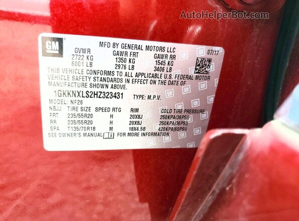 1GKKNXLS2HZ323431 2017 GMC ACADIA Red VIN կոդի պիտակի տեսք