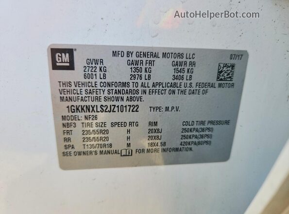1GKKNXLS2JZ101722 2018 GMC ACADIA White VIN კოდის სტიკერის ხედი