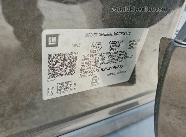 1GKKNXLS2KZ166233 2019 GMC ACADIA Gray VIN sticker view