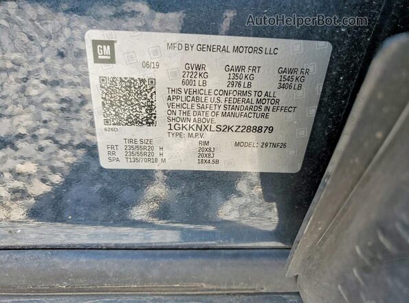 1GKKNXLS2KZ288879 2019 GMC ACADIA Blue VIN կոդի պիտակի տեսք