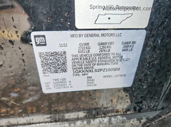 1GKKNXLS2PZ150508 2023 GMC ACADIA Black VIN sticker view