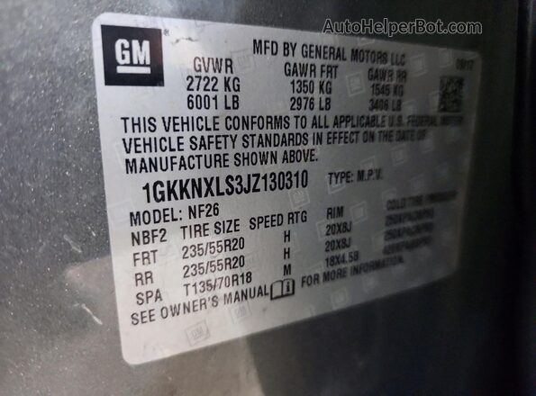 1GKKNXLS3JZ130310 2018 GMC ACADIA Gray Widok naklejki z numerem VIN