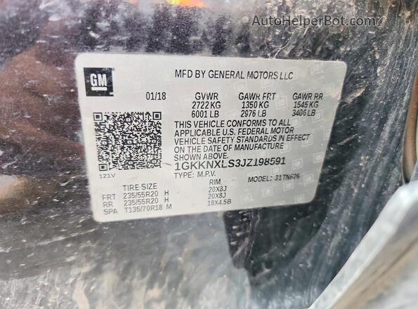 1GKKNXLS3JZ198591 2018 GMC ACADIA Black VIN კოდის სტიკერის ხედი