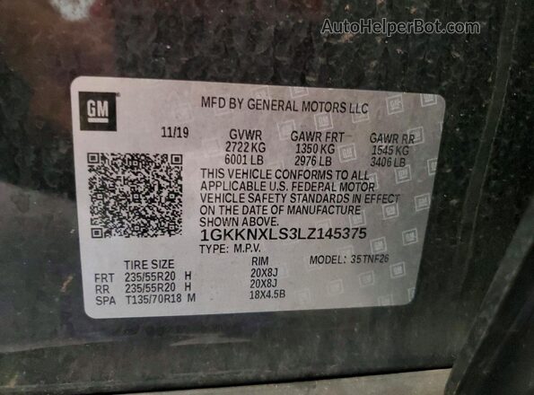 1GKKNXLS3LZ145375 2020 GMC ACADIA Black VIN կոդի պիտակի տեսք