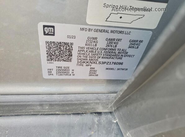 1GKKNXLS3PZ176096 2023 GMC ACADIA Gray VIN კოდის სტიკერის ხედი