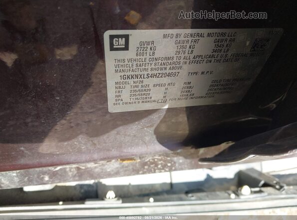 1GKKNXLS4HZ204697 2017 GMC ACADIA Maroon Vista del compartimento del motor