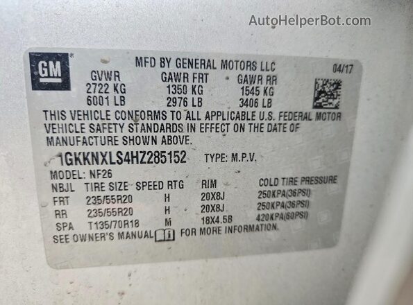 1GKKNXLS4HZ285152 2017 GMC ACADIA Silver Engine compartment view