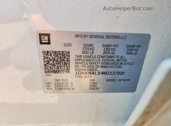 1GKKNXLS4MZ137920 2021 GMC ACADIA White Widok naklejki z numerem VIN