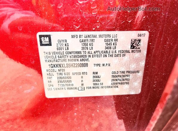 1GKKNXLS5HZ290800 2017 GMC ACADIA Red Вид наклейки з VIN-кодом