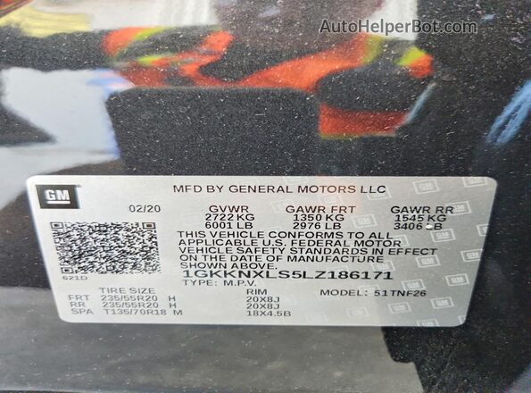 1GKKNXLS5LZ186171 2020 GMC ACADIA Charcoal VIN კოდის სტიკერის ხედი