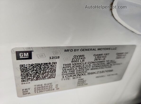 1GKKNXLS6KZ187098 2019 GMC ACADIA White Vista de la etiqueta del VIN
