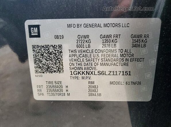 1GKKNXLS6LZ117151 2020 GMC ACADIA Black Widok wnętrza 360 stopni