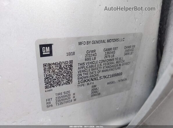 1GKKNXLS7KZ169869 2019 GMC ACADIA Silver Vista del compartimento del motor