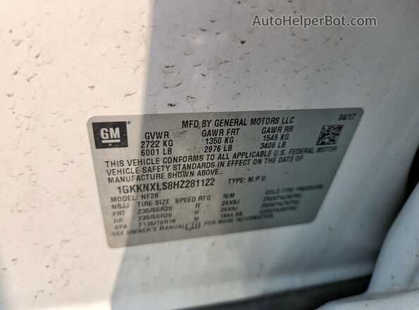 1GKKNXLS8HZ281122 2017 GMC ACADIA White Widok naklejki z numerem VIN