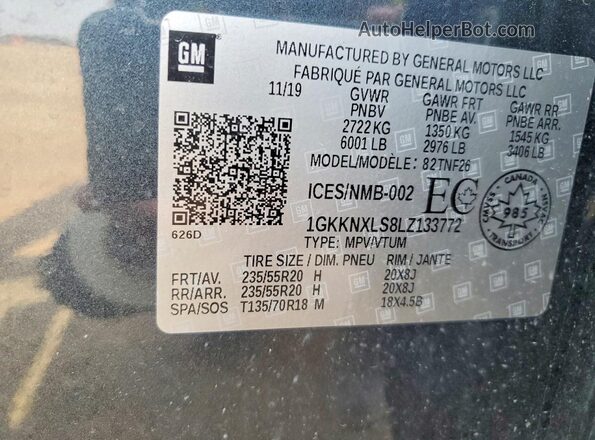 1GKKNXLS8LZ133772 2020 GMC ACADIA Black VIN კოდის სტიკერის ხედი