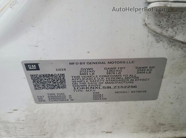 1GKKNXLS8LZ152256 2020 GMC ACADIA White Vista de la etiqueta del VIN