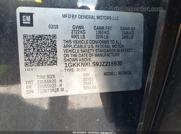 1GKKNXLS9JZ215930 2018 GMC ACADIA Черный Вид подкапотного пространства