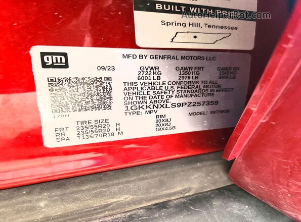 1GKKNXLS9PZ257359 2023 GMC ACADIA Red Панорамний вид салону 360°