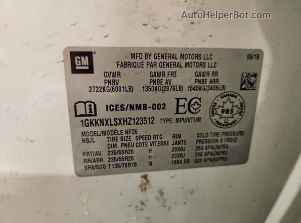 1GKKNXLSXHZ123512 2017 GMC ACADIA White Widok naklejki z numerem VIN