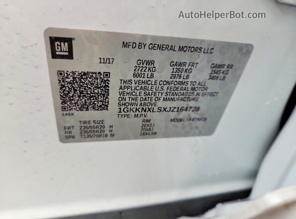 1GKKNXLSXJZ164728 2018 GMC ACADIA White VIN sticker view