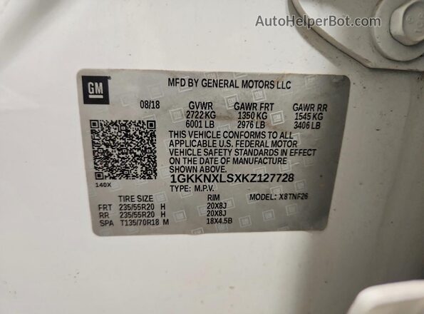 1GKKNXLSXKZ127728 2019 GMC ACADIA White VIN sticker view
