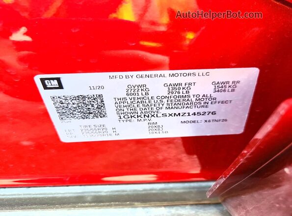 1GKKNXLSXMZ145276 2021 GMC ACADIA Красный Панорамный вид салона 360°