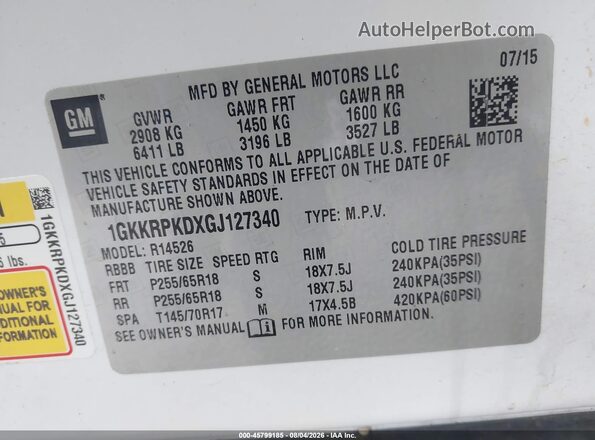 1GKKRPKDXGJ127340 2016 GMC ACADIA White Vista del compartimento del motor