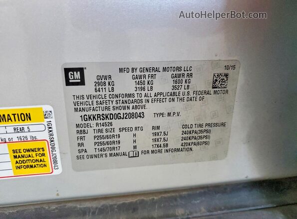 1GKKRSKD0GJ208043 2016 GMC ACADIA Silver Widok naklejki z numerem VIN