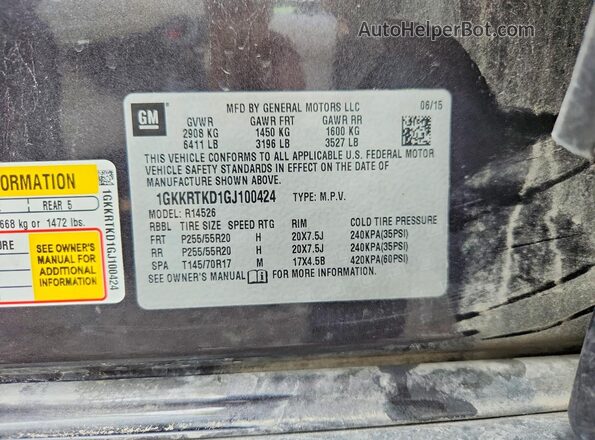 1GKKRTKD1GJ100424 2016 GMC ACADIA Серый Вид наклейки с VIN-кодом