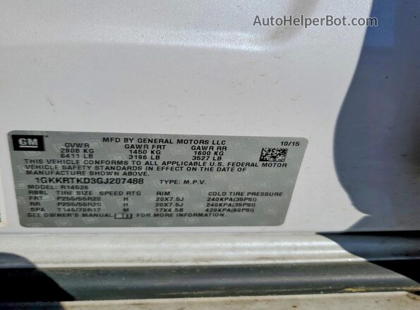 1GKKRTKD3GJ207488 2016 GMC ACADIA White Widok wnętrza 360 stopni