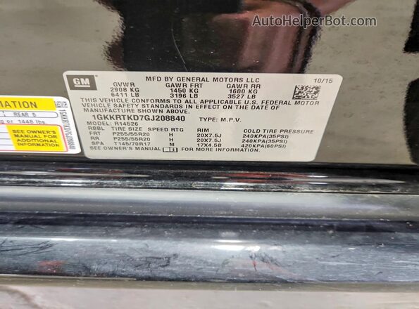 1GKKRTKD7GJ208840 2016 GMC ACADIA Black Vista de la etiqueta del VIN