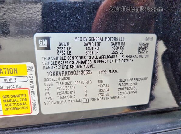 1GKKVRKD5GJ136552 2016 GMC ACADIA Black Вид наклейки з VIN-кодом