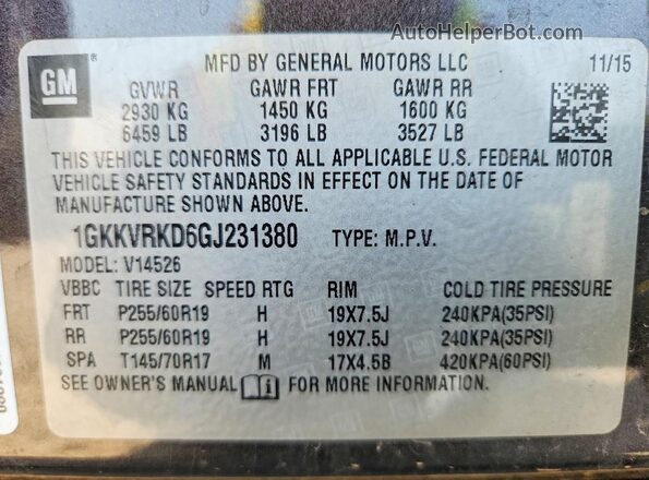 1GKKVRKD6GJ231380 2016 GMC ACADIA Charcoal Вид наклейки з VIN-кодом
