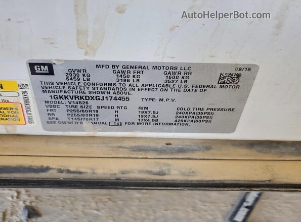 1GKKVRKDXGJ174455 2016 GMC ACADIA White Widok naklejki z numerem VIN