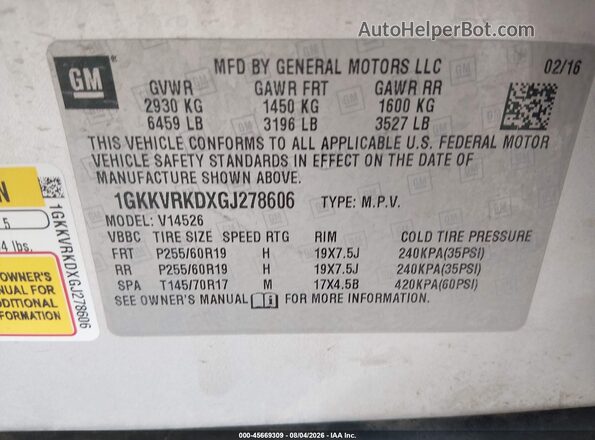 1GKKVRKDXGJ278606 2016 GMC ACADIA Silver Вид підкапотного простору