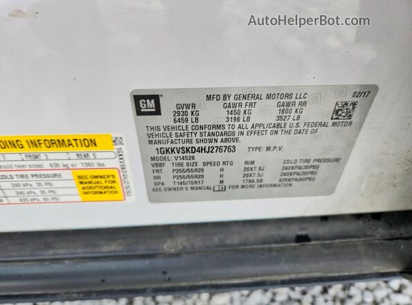 1GKKVSKD4HJ276763 2017 GMC ACADIA White VIN კოდის სტიკერის ხედი