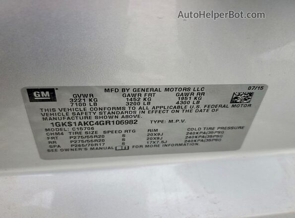 1GKS1AKC4GR106982 2016 GMC YUKON Silver Vista de la etiqueta del VIN