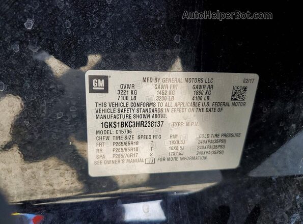 1GKS1BKC3HR238137 2017 GMC YUKON Black VIN კოდის სტიკერის ხედი