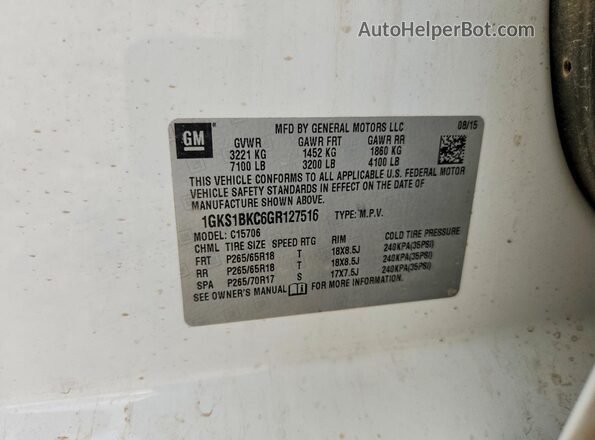 1GKS1BKC6GR127516 2016 GMC YUKON White Widok komory silnika