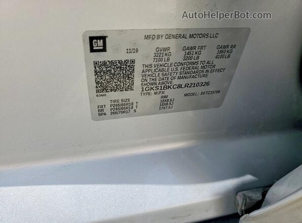 1GKS1BKC8LR210326 2020 GMC YUKON Silver Вид наклейки з VIN-кодом