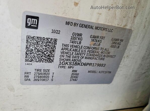 1GKS1BKD6PR179883 2023 GMC YUKON White VIN sticker view
