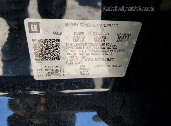 1GKS1GKC3JR384587 2018 GMC YUKON Black VIN კოდის სტიკერის ხედი