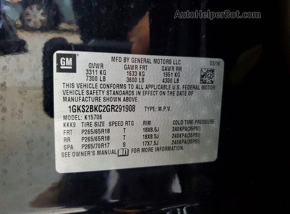 1GKS2BKC2GR291908 2016 GMC YUKON Black Vista del compartimento del motor