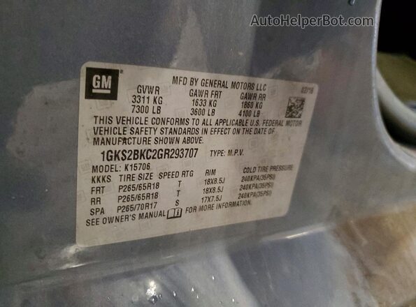 1GKS2BKC2GR293707 2016 GMC YUKON Gray VIN კოდის სტიკერის ხედი