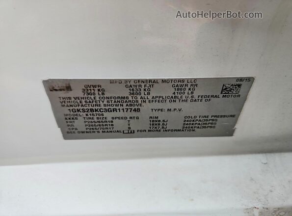 1GKS2BKC3GR117748 2016 GMC YUKON White VIN կոդի պիտակի տեսք