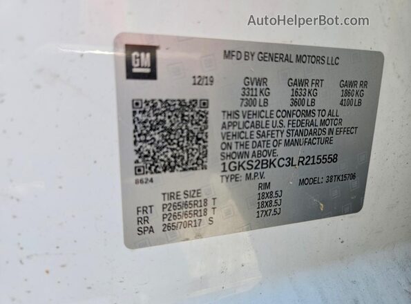 1GKS2BKC3LR215558 2020 GMC YUKON White Панорамний вид салону 360°