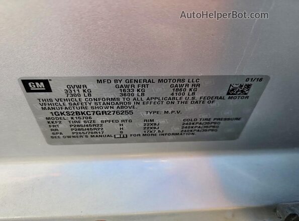1GKS2BKC7GR276255 2016 GMC YUKON Silver VIN sticker view