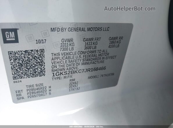 1GKS2BKC7JR168466 2018 GMC YUKON White Vista del compartimento del motor