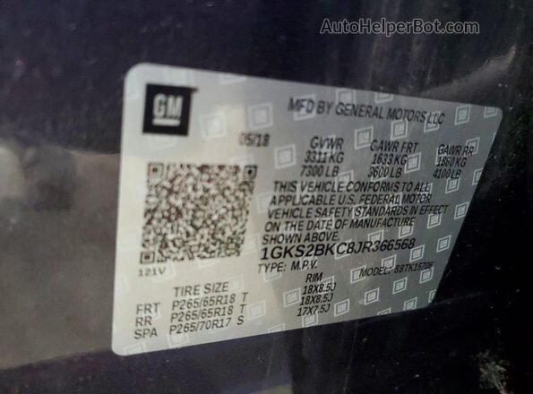 1GKS2BKC8JR366568 2018 GMC YUKON Black Widok naklejki z numerem VIN