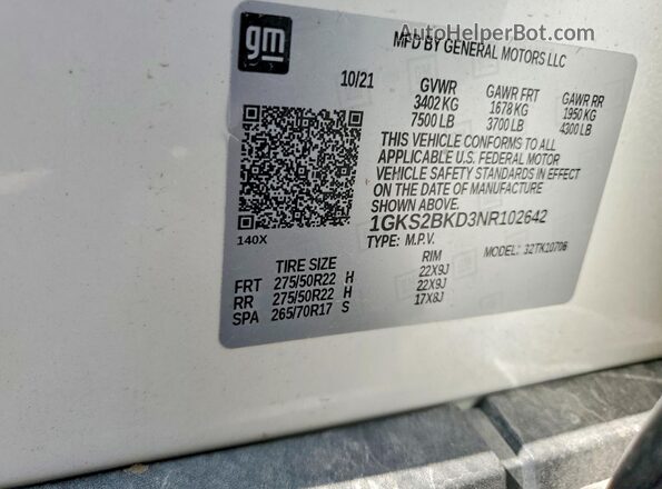 1GKS2BKD3NR102642 2022 GMC YUKON White VIN կոդի պիտակի տեսք